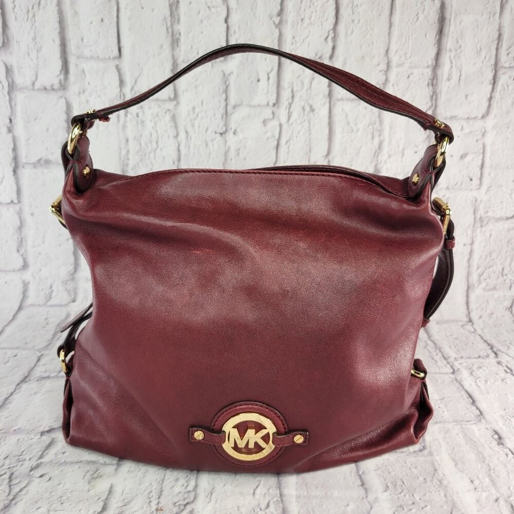 Michael Kors Burgundy Stockard Leather Large Shoulder Bag Cinnabar Gold Hardware